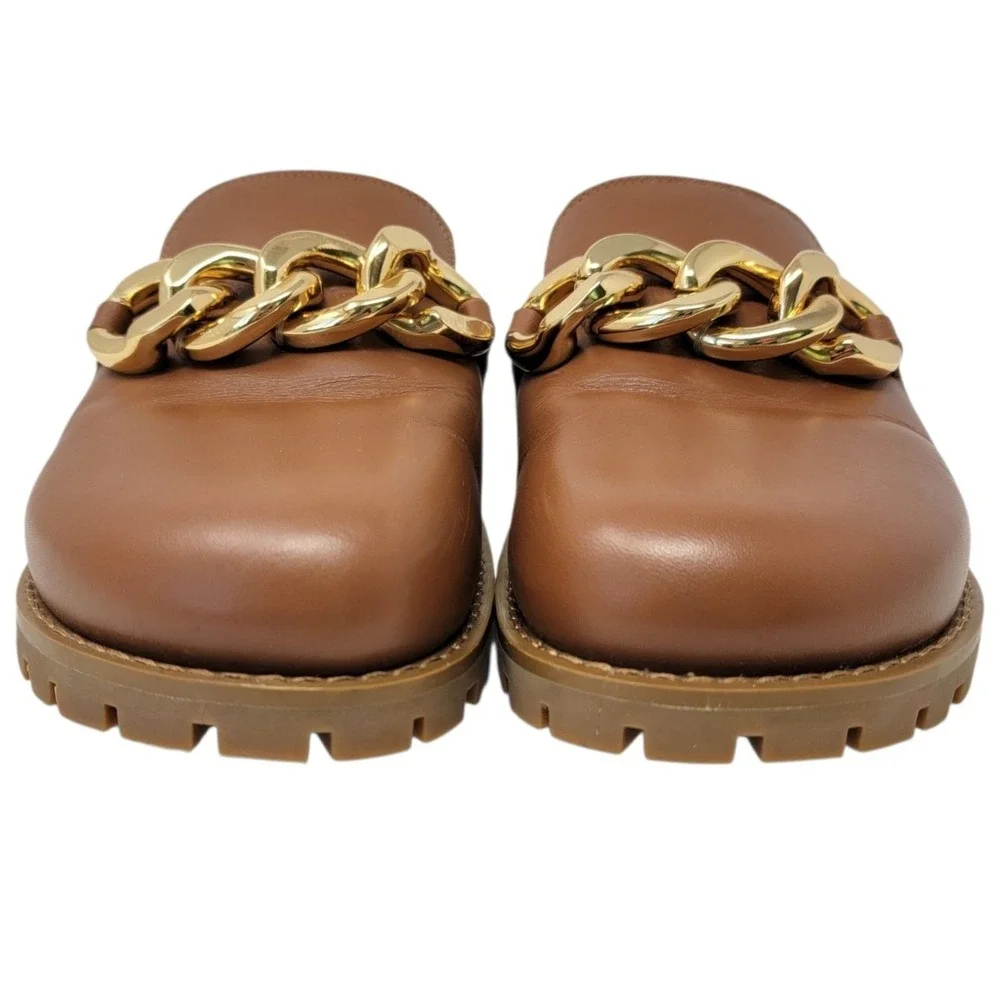 Michael Kors Clogs Mules Womens Size 7.5 Scarlett Gold‎ Chain in Luggage Brown